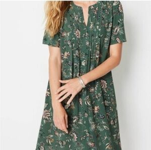 J Jill Green Floral Print Pintuck Knee Length Flowy Dress V-Neck Short Sleeve